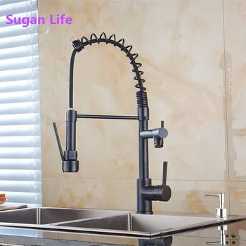 

360 Rotation Kitchen Faucets Blackend Spring Kitchen Faucet Pull out Side Sprayer Dual Spout Single Handle Mixer Tap Sink Faucet
