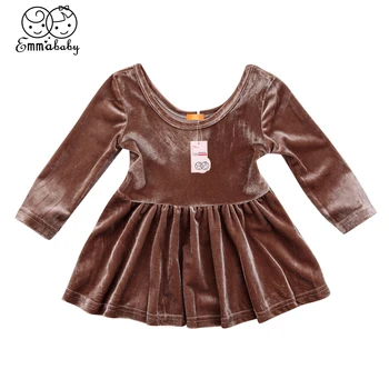

New Fashion Cute Newborn Baby Girl Kid long sleeve solid color lovely Party Dress Spring Top Vintage Velvet little girl Sundress