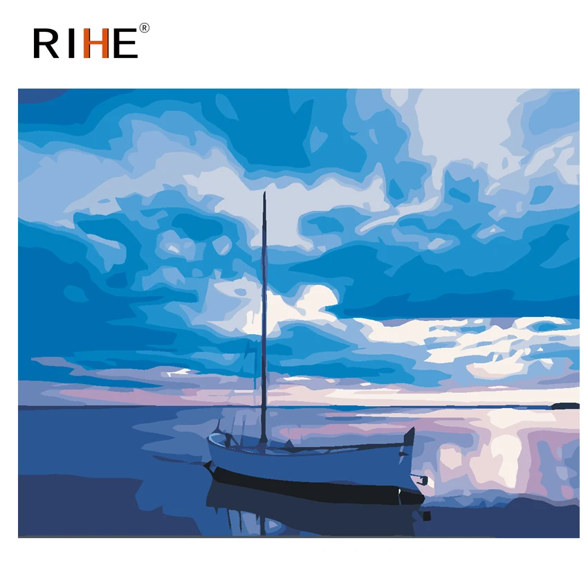 

RIHE Quiet Sea Boat Diy Painting By Numbers Blue Sky Oil Painting On Canvas Hand Painted Cuadros Decoracion Acrylic Paint 40X50