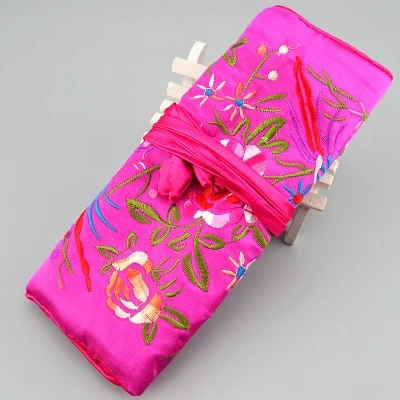 Портативный Вышивка Цветок Птица Ювелирные Изделия Roll Up сумка для путешествий хранения 3 карман на молнии Drawstring складной косметическое Макияж Чехлы - Цвет: Розово-красный