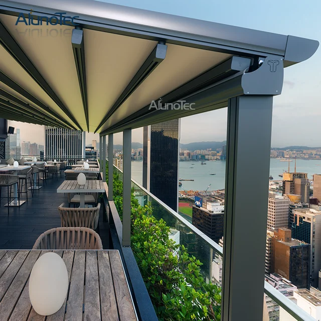 Aluminio impermeable PVC Pergola Techo Retráctil para restaurante 6 m