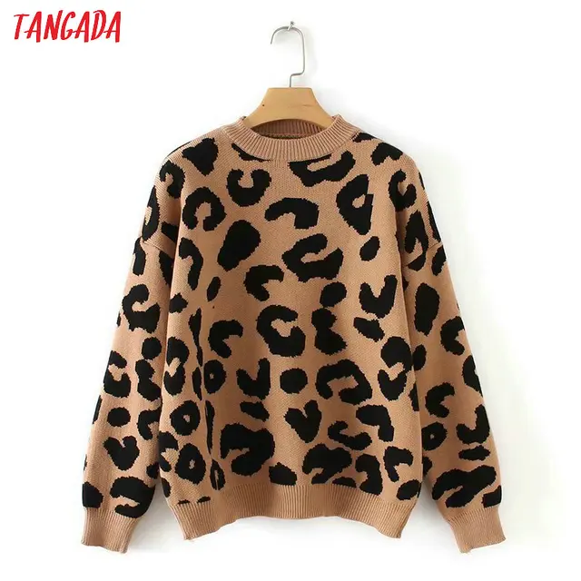US $15.39 Tangada women leopard knitted sweater winter animal print winter thick long sleeve female pullovers