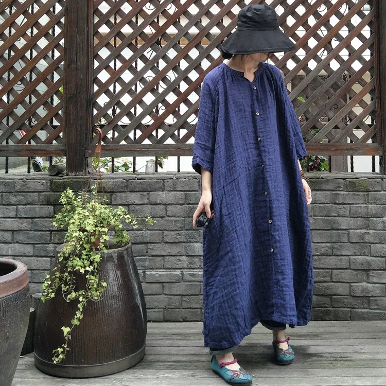 Women Wrinkle Linen Retro Vintage Plus Size Dress Robe Dress For female