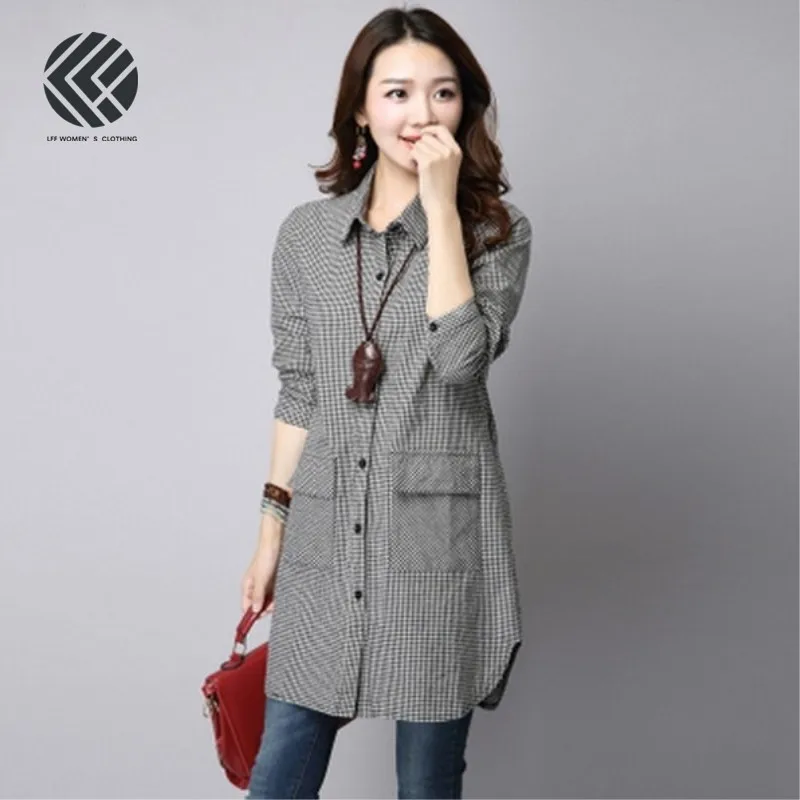 

Spring And Autumn Women Fashion Brand Korea Style Vintage Plaid Slim Fit Cotton Linen Long Sleeve Shirt Female Casual Long Shirt