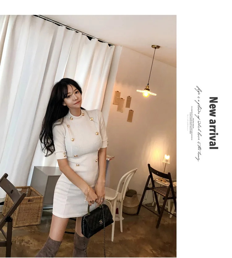 Temperament Lady Dresses Women Spring Design Sexy Bandage Sheath Mini White Knitted Double Button Tunic Sweater Dress 170D