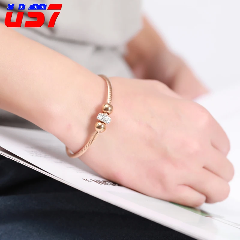 

US7 Crystal Stainless Steel Cable Stretch Bead Cross Female Bracelets & Bangles Cuff Wire Line Adjustable Bangle Jewelry Gift