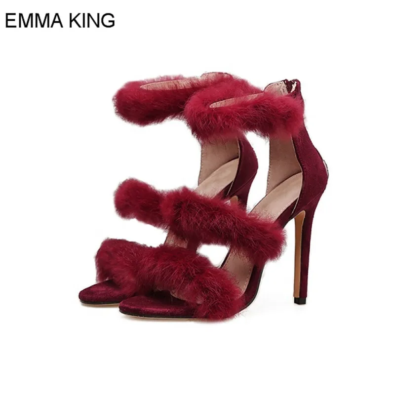 

2019 Fashion Fur Decoration Suede Women Sandals Round Toe Thin High Heel Back Zipper Casual Simple Ladies Heels Party shoes