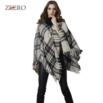 

Women Pullovers Turtlennck Batwing sleeve Hippie Fringe Tassel Woven Poncho Womens Fall Winter Checkered knitted Sweater Cloak
