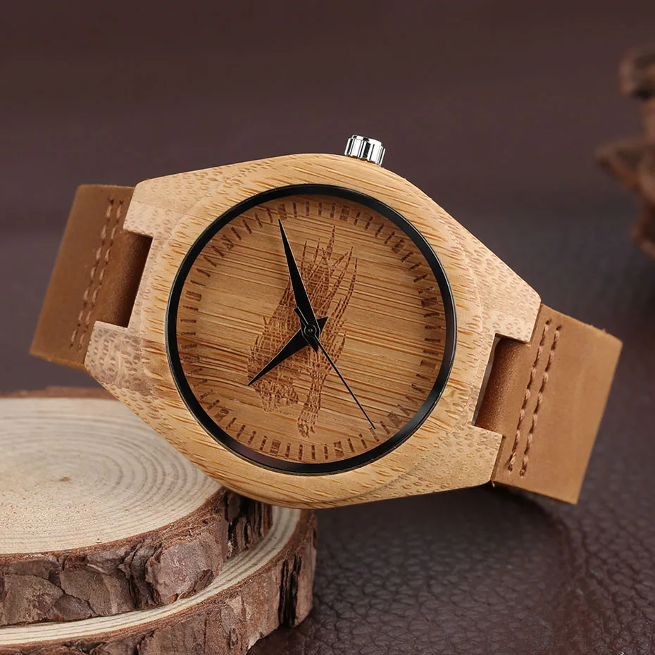 Modern Men Women Wooden Quartz Watch Genuine Leather Band Strap Handmade Carving Leopard Head Dial Clock for Unisex Gifts (11)