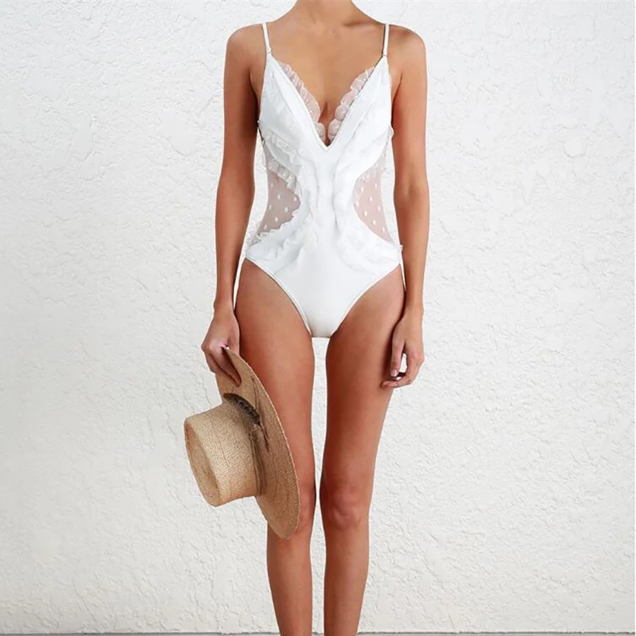 

2019 Summer One Piece Suit Draped Mesh Patchwork Bodysuit Sexy Off Shoulder Backless Seaside fashion Vacation Women Swimwear New