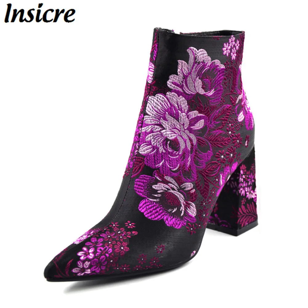 34 43 Femmes Haut Les Talon Taille Talons Bottines Insicre 9 Lage automne Mode Broderie Bottes Cm Carrés Printemps Pour 7wFAqx4B