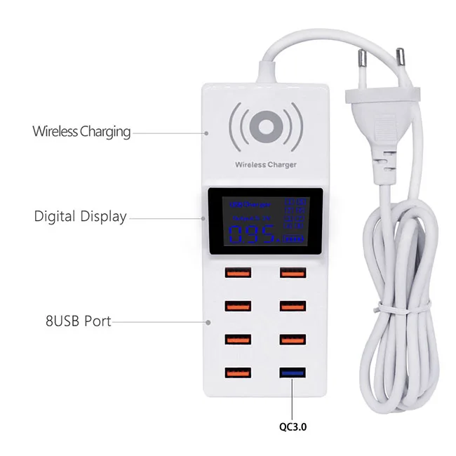 8-Порты и разъёмы ЖК-дисплей USB Мощность адаптер Зарядное устройство станция Беспроводной Зарядное устройство для iPhone iPad и многое другое USB Devies с Мощность шнур