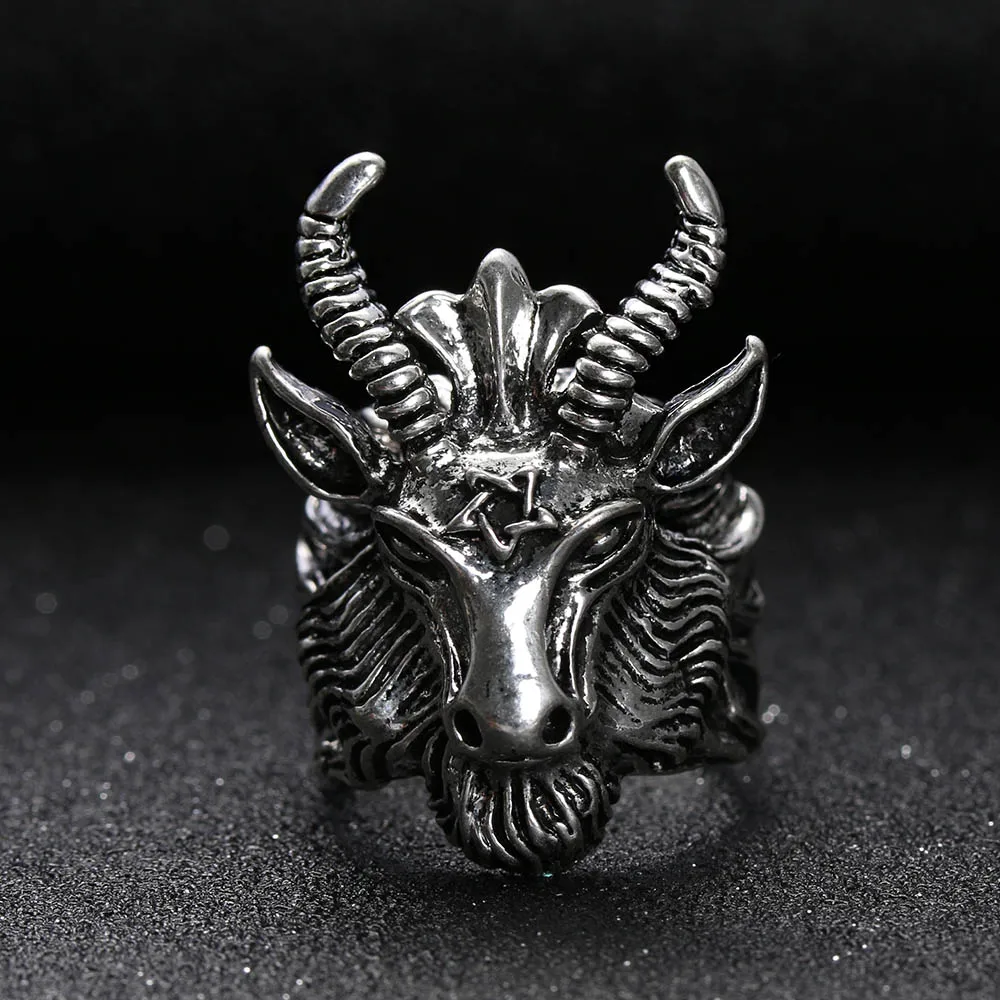 

1PC Fashion Punk Style Stainless Steel Ring Antique Silver Pentacle Satanic Goat Sheep Head Rock Ring Vintage Men's Jewelry