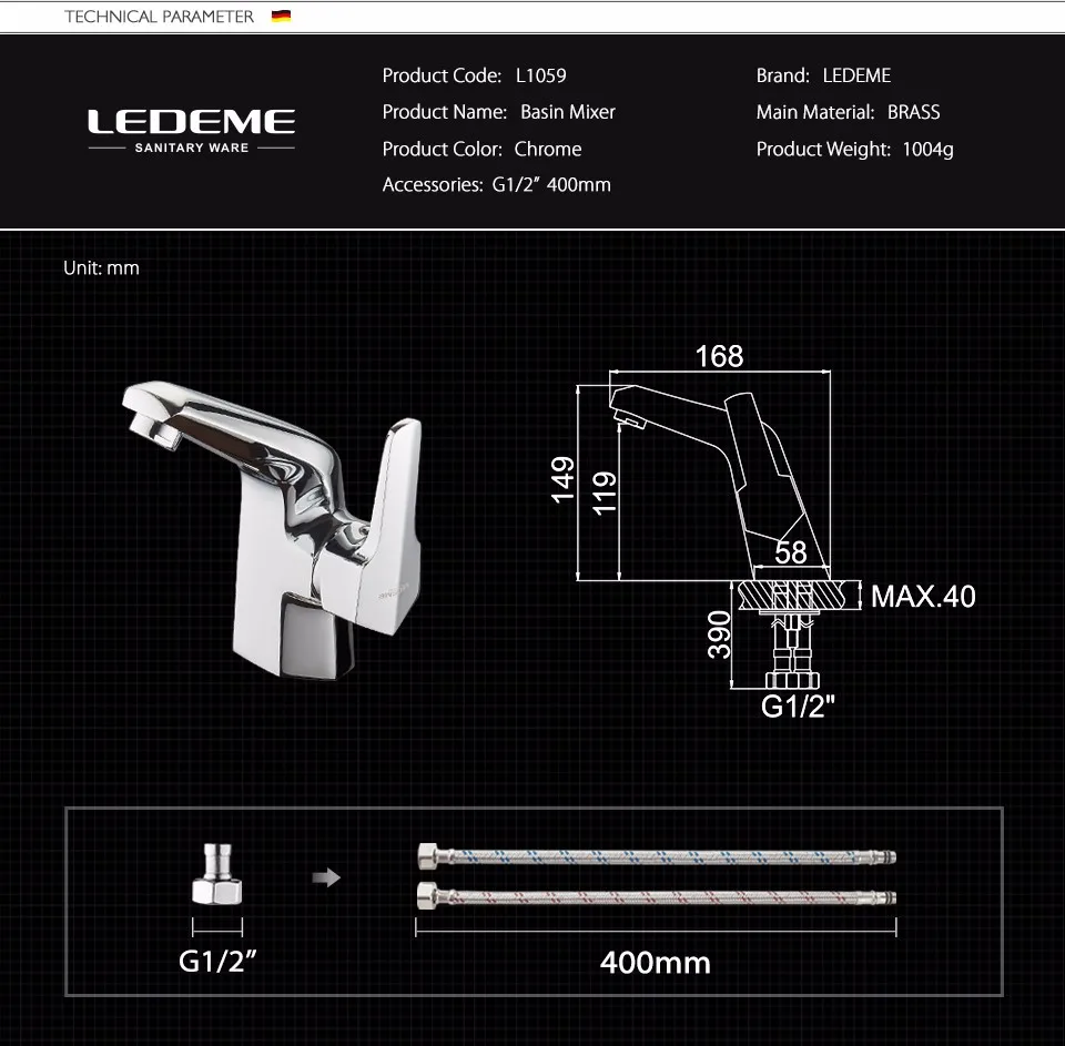 LEDEME Смеситель для умывальника латунь Цвет: хром L1059