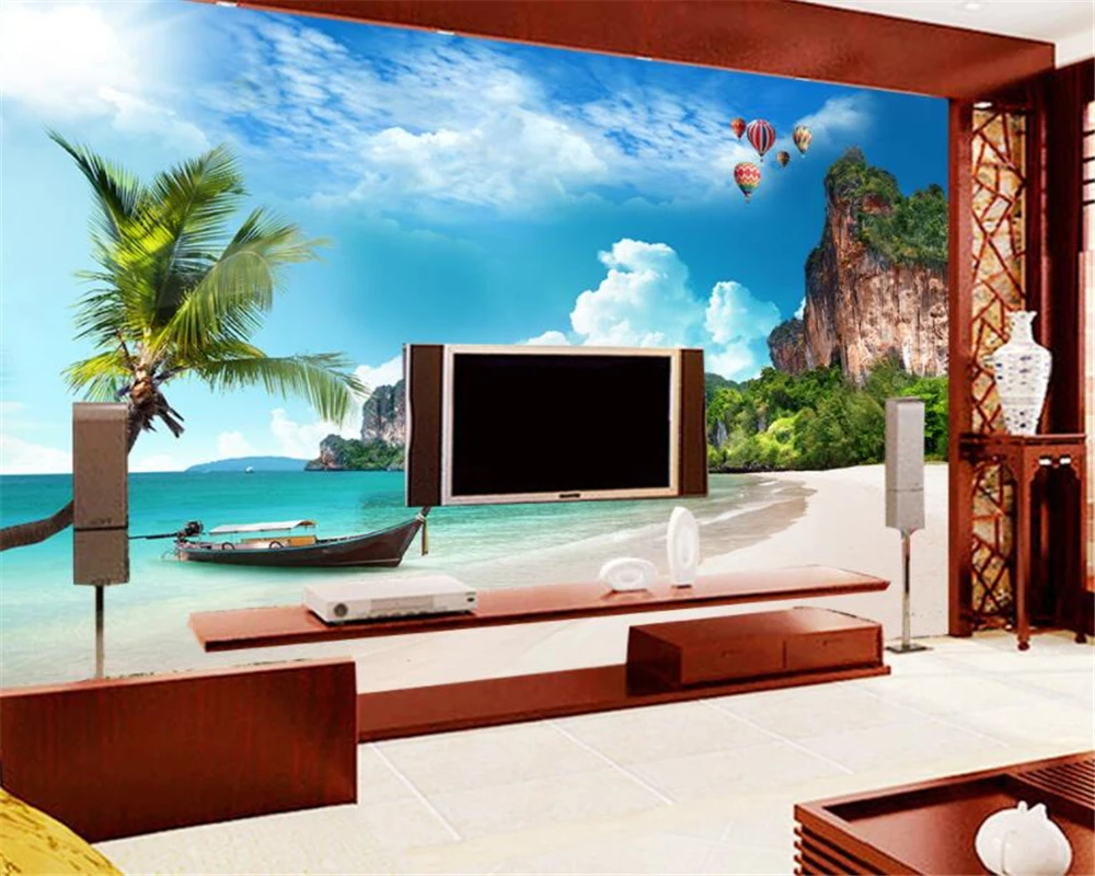 

beibehang Nature Landscape Beach Beach Coconut Blue Sky White Clouds Island Background Walls mural para pared 3d wallpaper