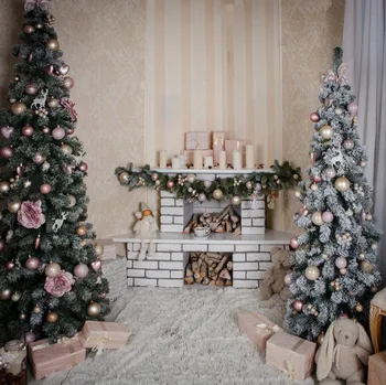 

Decorated christmas tree fireplace room gitf striped curtains backdrop Vinyl cloth High quality Computer print party Background