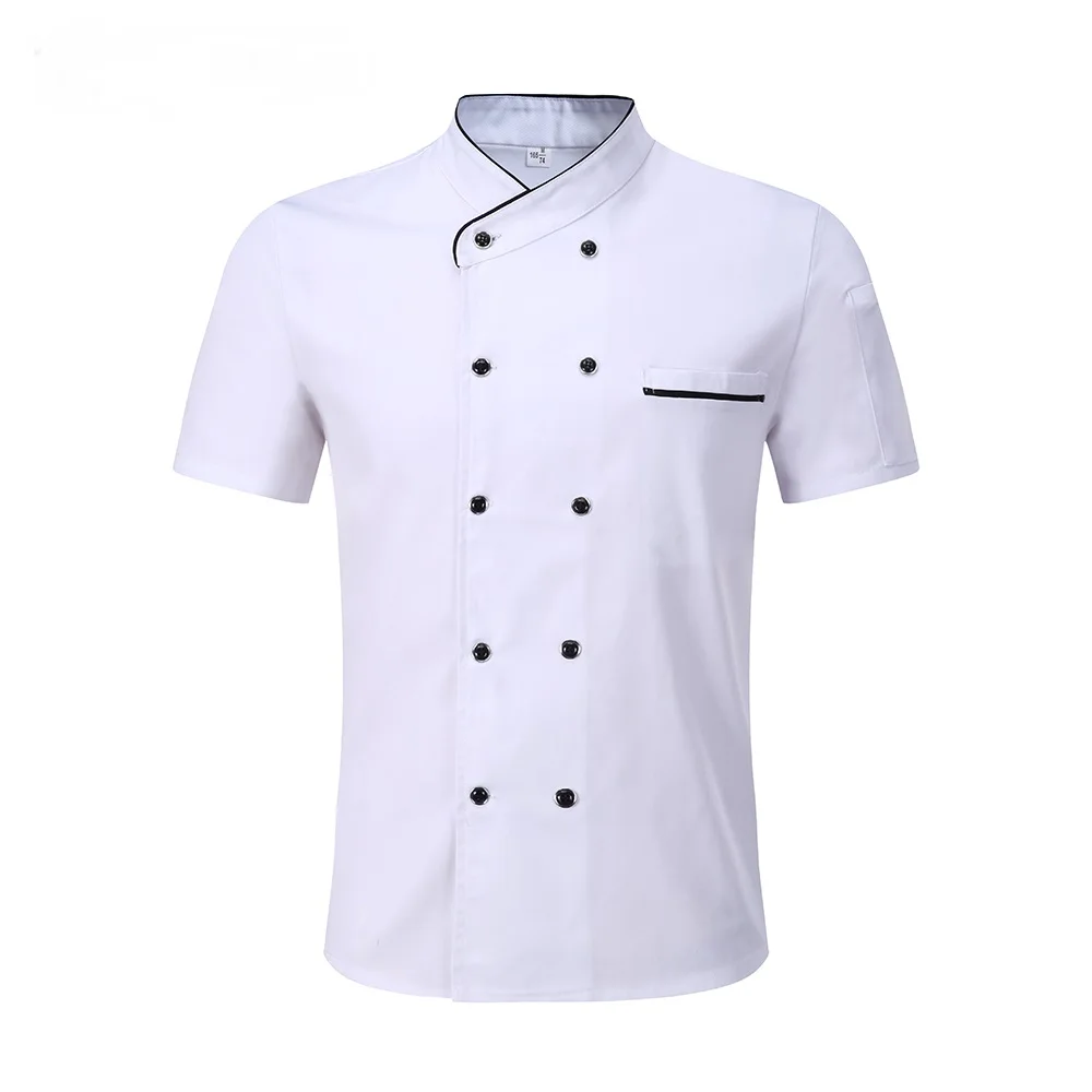 discountstore145 Men Short Sleeve Stand Collar Double-breasted Chef Waiter Uniform Loose T-shirt for Hotel Kitchen 