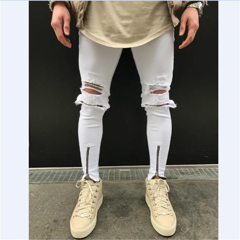 font b Men b font pant with knee zipper ripped hole distressed skinny white denim