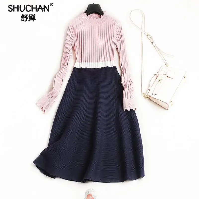 

SHUCHAN Retro Dresses Autumn Women Vintage Women Knit Dress Elegant Korean Style Knitted Patchwork Lace Collar Lace Cuffs 8238