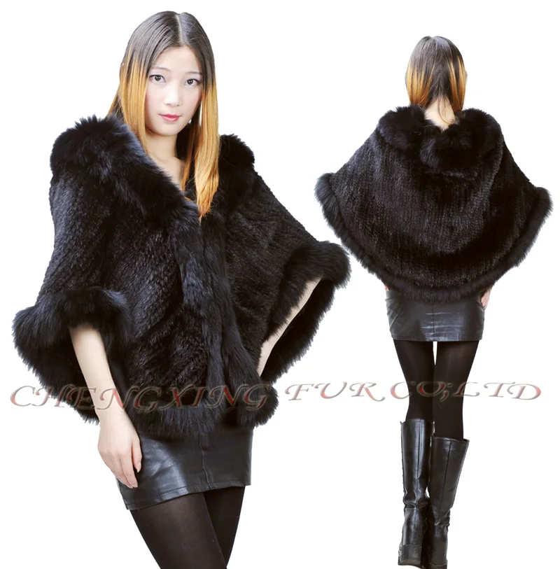 

CX-B-M-99B Women Cape Real Mink Fur Knitted Shawl With Fox Trim ~ DROP SHIPPING