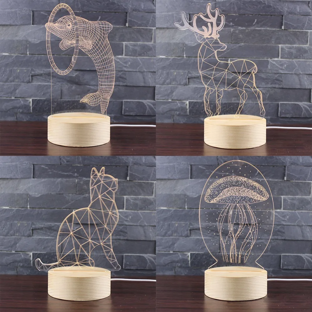

Creative 3D Wooden LED Animal Dolphin Elk Cat Jellyfish Desk Table Lamp Night Touch Lighting Gifts for Children Bedroom #293888