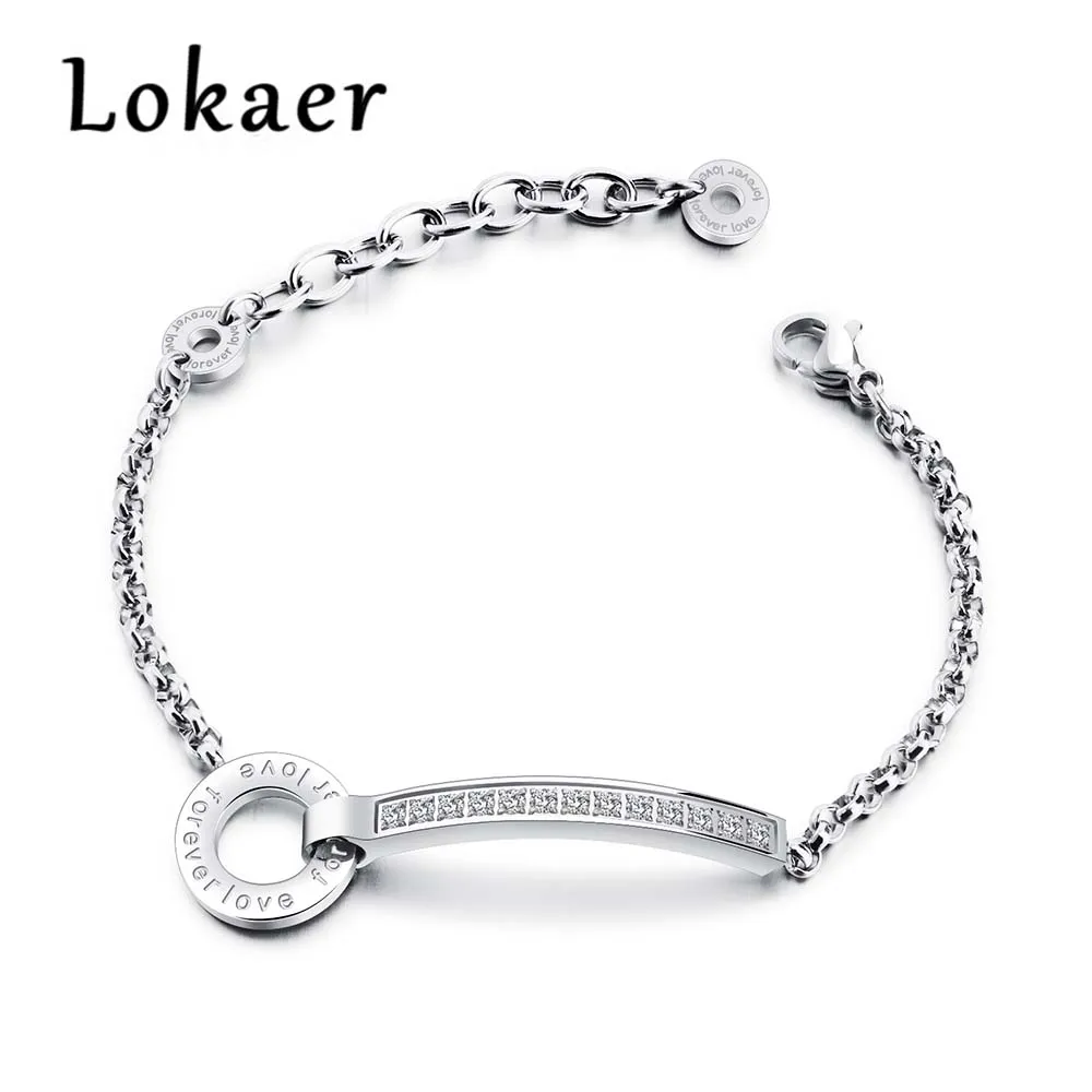 

Lokaer Fashion Letter Circle CZ Crystal Bracelets Female Models Gold Color Personality Titanium Steel Bracelet Jewelry LGS879