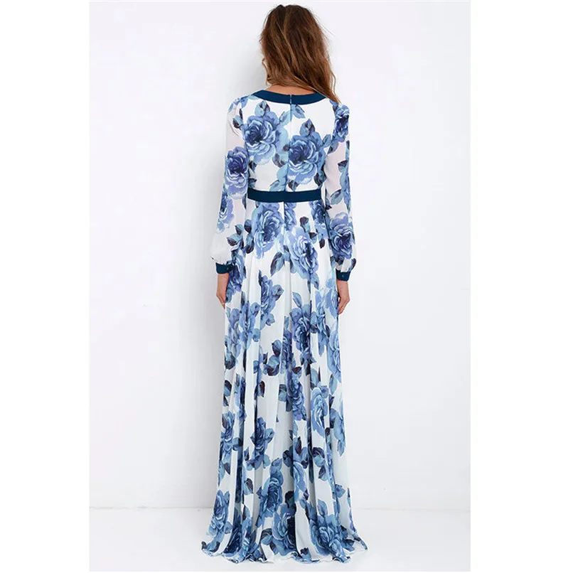 Women Autumn Floral Print Maxi Dress Boho Style Long Beach Dress Evening Party Long Bandage Bodycon Dress Plus Size #F#40SP252