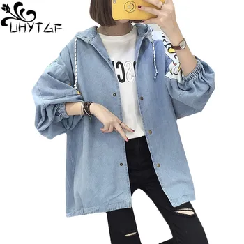 

UHYTGF Harajuku Denim Coat Female Spring Autumn 2018 Plus size Bat sleeve Jeans Jacket Fashion Hooded Loose Maiden Clothing 495