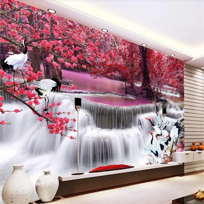 

Waterfall crane TV background wall professional custom mural wholesale wallpaper poster photo wall