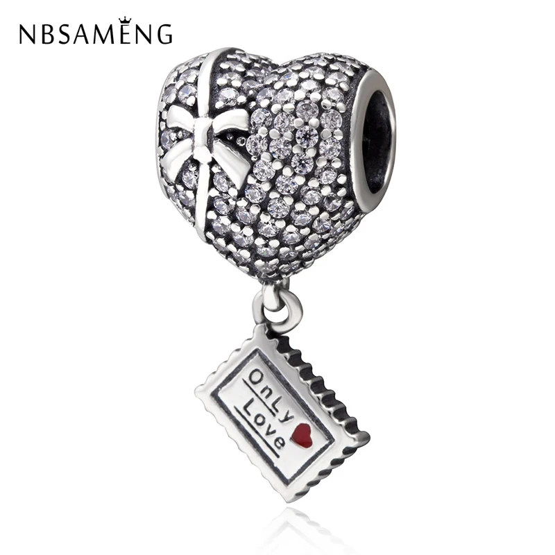 

NBSAMENG 100% 925 Sterling Silver Bead Charms Heart Love Letter Pendant Beads Crystal Fit Pandora Women Bracelet DIY jewelry