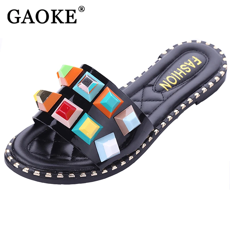 

New arrive 2017 women flip flops beach sandals fashion multicolor stone slippers bohemia summer flats shoes woman flat sandals