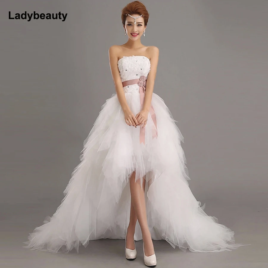 2015 New Stock Sweetheart High Low Crytals Beaded Ruffles Sheath Organza Short Wedding Dresses Bridal Gowns