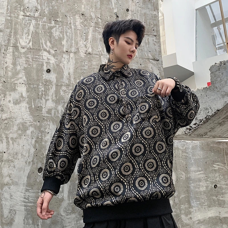 

Men Vintage Pattern Print Bat Sleeve Satin Style Pullover Shirt Male Streetwear Loose Causal Shirts