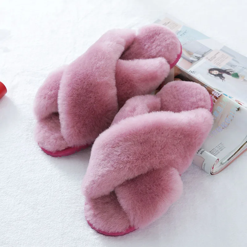 Домашние тапочки из натуральной овечьей кожи; модные зимние женские домашние тапочки; меховые тапочки; теплые меховые шерстяные тапочки; женская домашняя обувь на плоской подошве - Цвет: Hot Pink