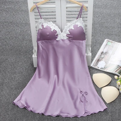 Женская сексуальная шелковая атласная ночная рубашка, кружевная ночная рубашка без рукавов, летняя ночная рубашка, Очаровательная одежда для сна, ночная одежда для женщин - Цвет: purple