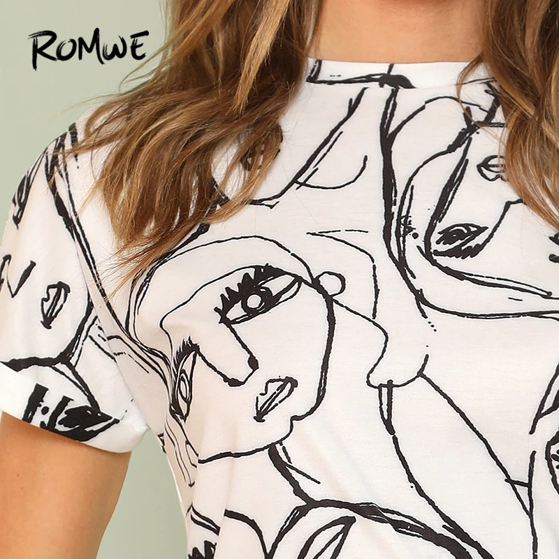 ROMWE Cartoon Print Tunic Top Casual Black And White Summer Short Sleeve Figure Women T-shirt Females Round Neck Tops