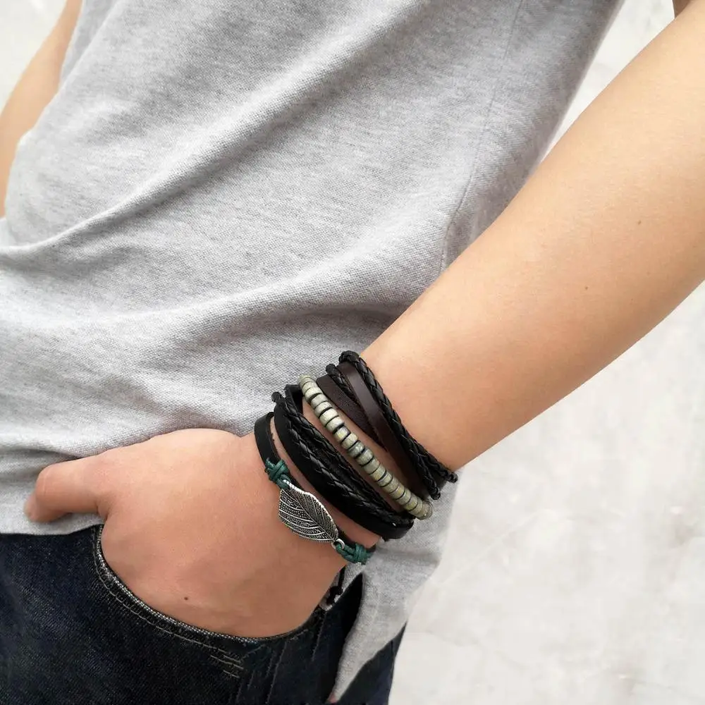 

Rinhoo 1Set Adjustable Vintage Leaf Pendant Leather Woven Bracelets Accessories Gift For Men Male Charm Jewelry