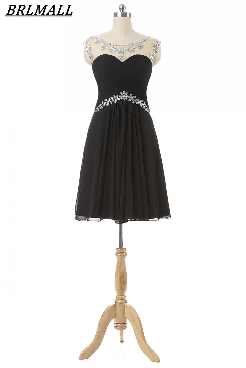 BRLMALL 2017 Cheap Black Dress Chiffon A Line Beaded Short