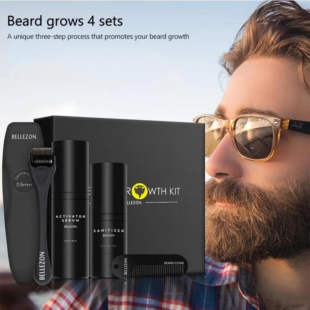 

1 Set Upgraded Beard Growth Kit Beard Growth Activator Serum Liquid Rapid Growth Set Beard Roller Sanitizer Comb Best Gift
