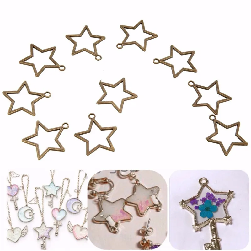 

10pcs/set Charm Bronze Star Design Metal Frame Pendant Key Open Bezel Blank Pendant Resin Blanks For DIY Jewelry 34x29mm