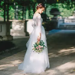 Vestido de noiva2019 Новый Scoop Тюль Кружево трапециевидной формы с длинным рукавом Белый boho Свадебное платье длинный халат де mariée заказ gelinlik