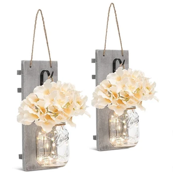 

Wall Pendant Light String Wrought Iron Hooks White Rustic Hydrangea Led Strip Light Button Battery Light Flower Board