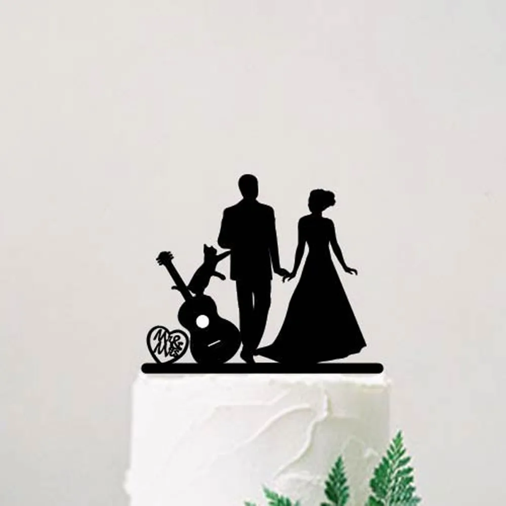 Wedding Cake Topper, Bride and Groom with guitar and cat Cake Topper silhouette, Mr and Mrs with pet, Wedding Cake decoration