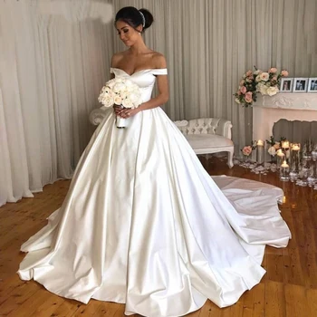 

White Wedding Dresses Off The Shoulder V Neck Luxury Chapel Train Floor Length Bride Dress Long Plus Size Vetidos de novia
