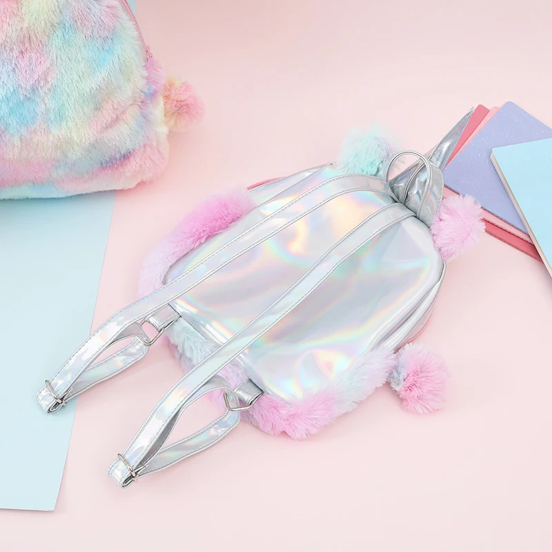  Mini Unicorn Backpack Shoulder Bag For Women Winter Faux Fur Small Backpack Hologram Leather Teenag - 32949528214