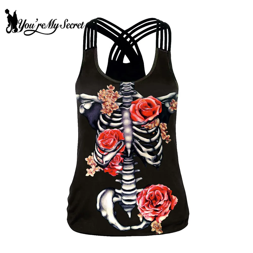 

[You're My Secret] Summer Sexy Hollow Out Women Sling Tops Skeleton 3D Printed Rose Tank Top Fashion Elastic Streetwear Vest