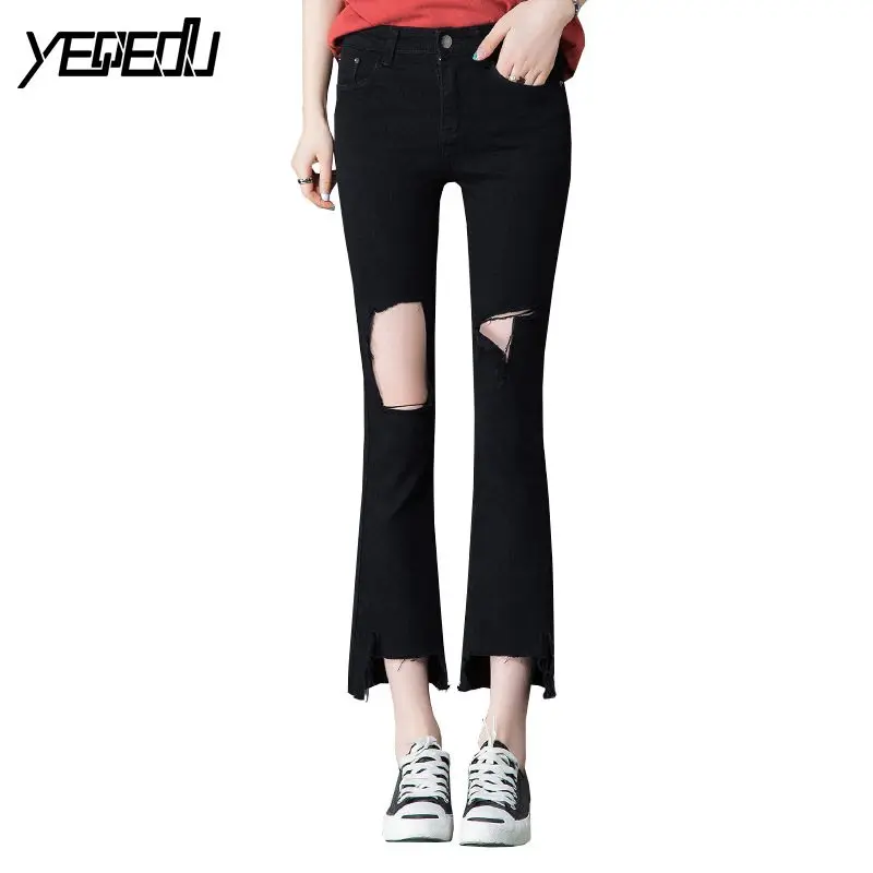 #3206 2018 Knee with big hole Ripped Flare jeans Irregular Ankle-length Stretch Black Destroy Wash Denim womens |