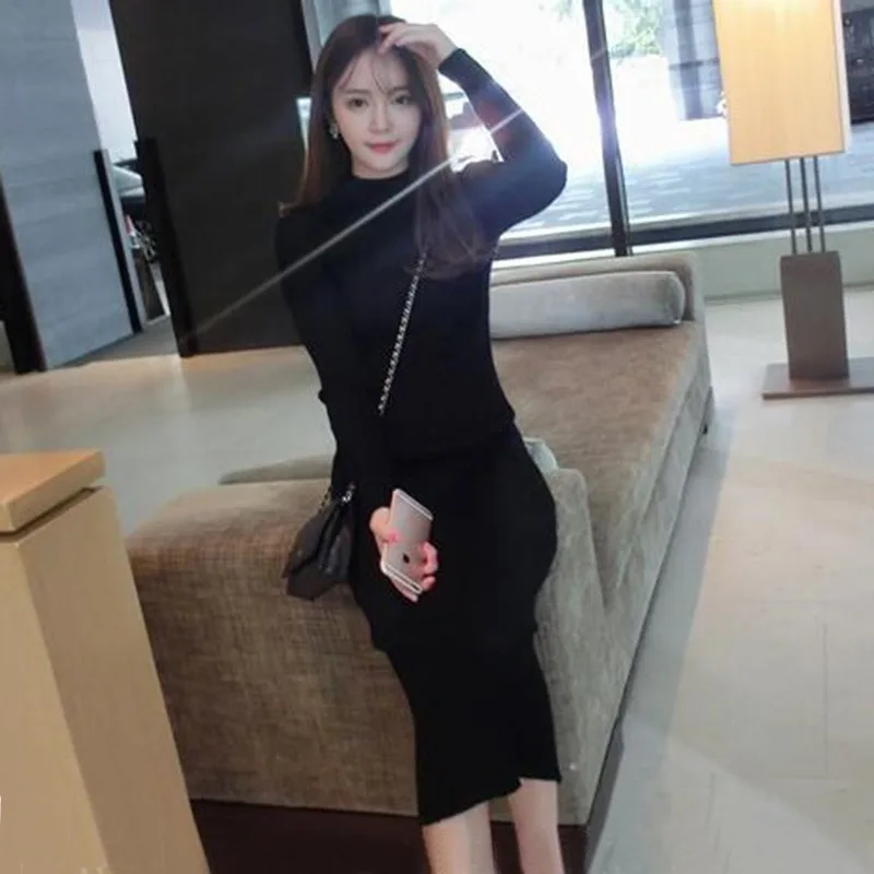 

2019 Winter Elegant Women Midi Dress Autumn Long Sleeve Slim Dresses Bodycon Knitted Robe Office Ladies Knitting Ribbed