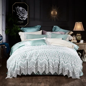 

Light Green Blue Gray Luxury White Lace Embroidery Egyptian Cotton Princess Girl Bedding Set Duvet cover Bed sheet Pillowcases