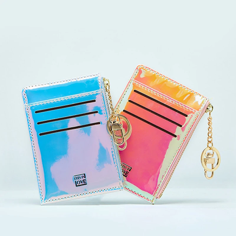 

2019 new Laser women short mini wallet thin minimalist bank credit card holder pu leather zipper coin small sale korean fashion